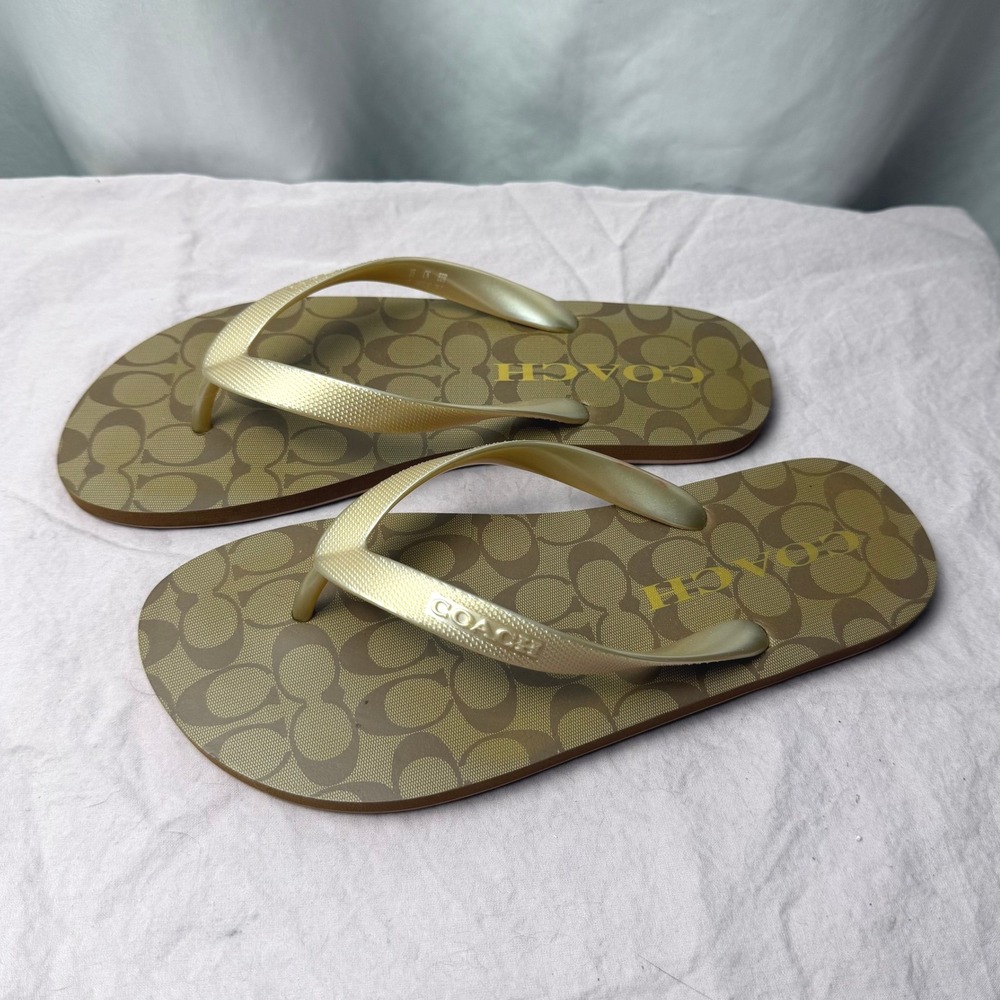 Coach Zak Signature C Khaki Gold Flip Flop Thong Sandals Women's 8B Beach Preppy